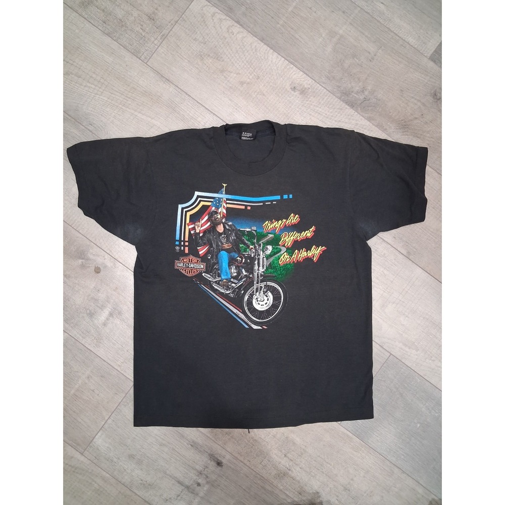 Vintage 80s 1989 Harley Davidson Black Biker Shirt XL Sturgis SD 3d Emblem Style